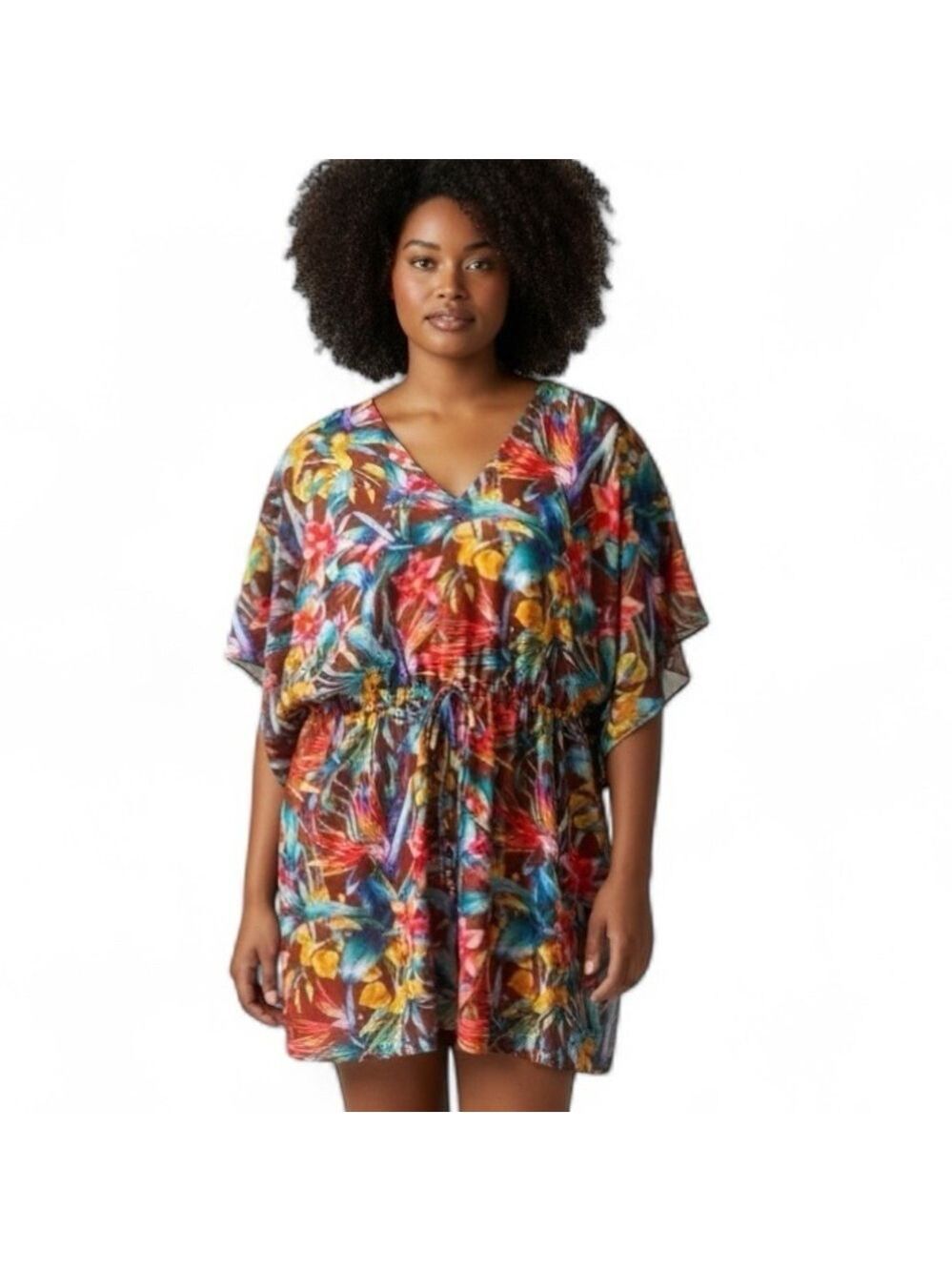 Tropical Print Semi Sheer Swimsuit Coverup 4X